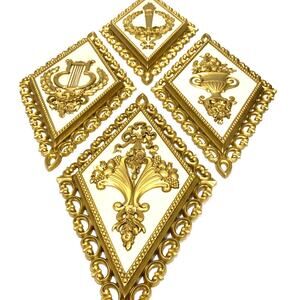 Vintage Homco Diamond Shaped Wall Hangings Set of 4 USA Gold & Cream Ornate